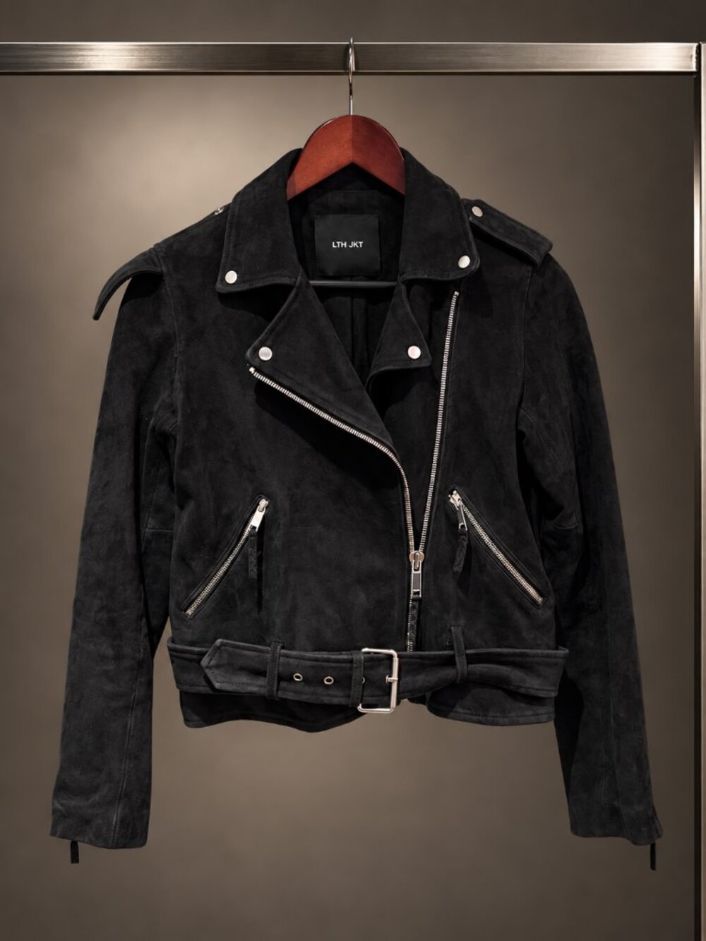 LTH JKT Black Suede Belted Moto Biker Jacket Asymmetric Zip Size S